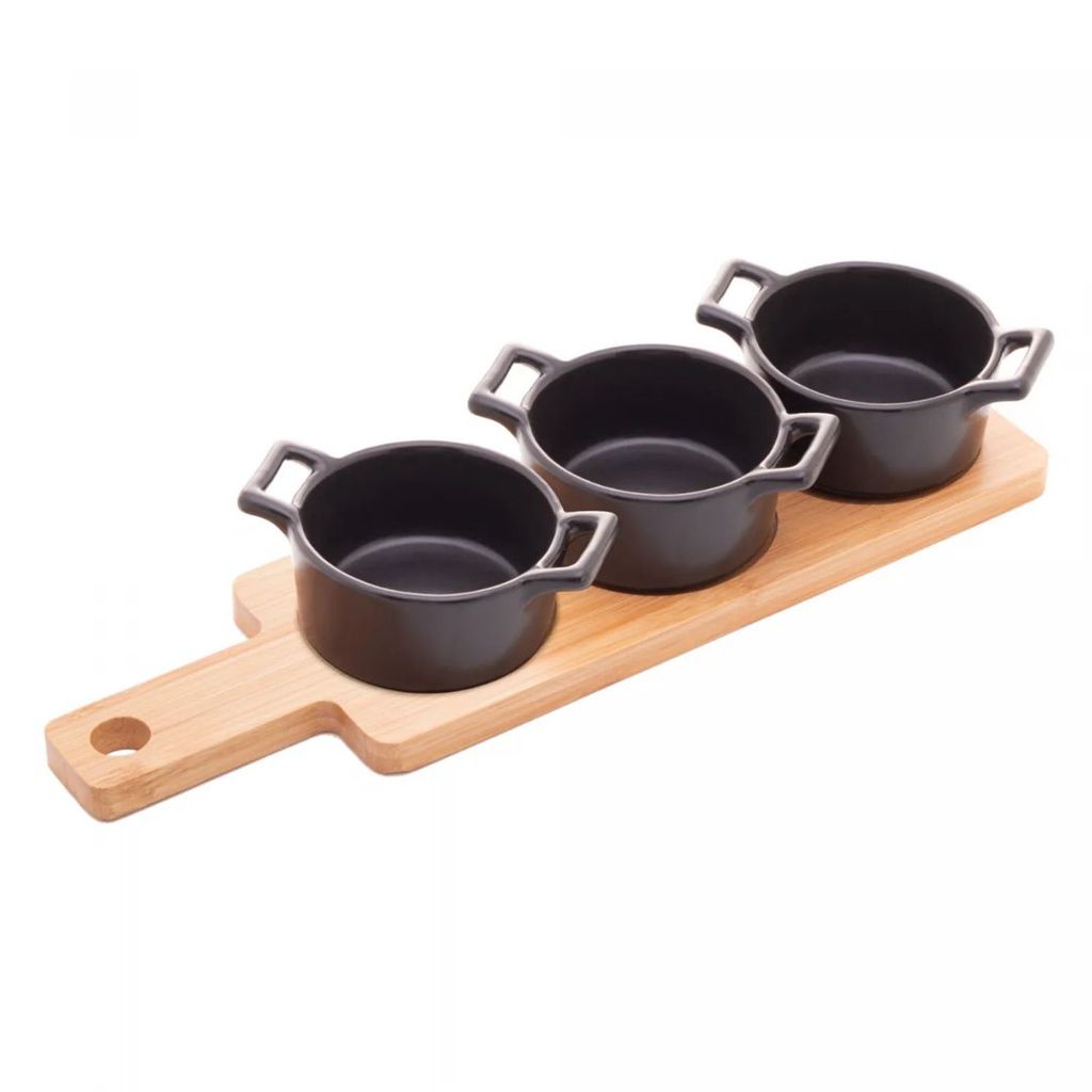 Cj Bandeja de Bambu C/ 3 Petisqueiras Porcelana 28,5cm - Wolff