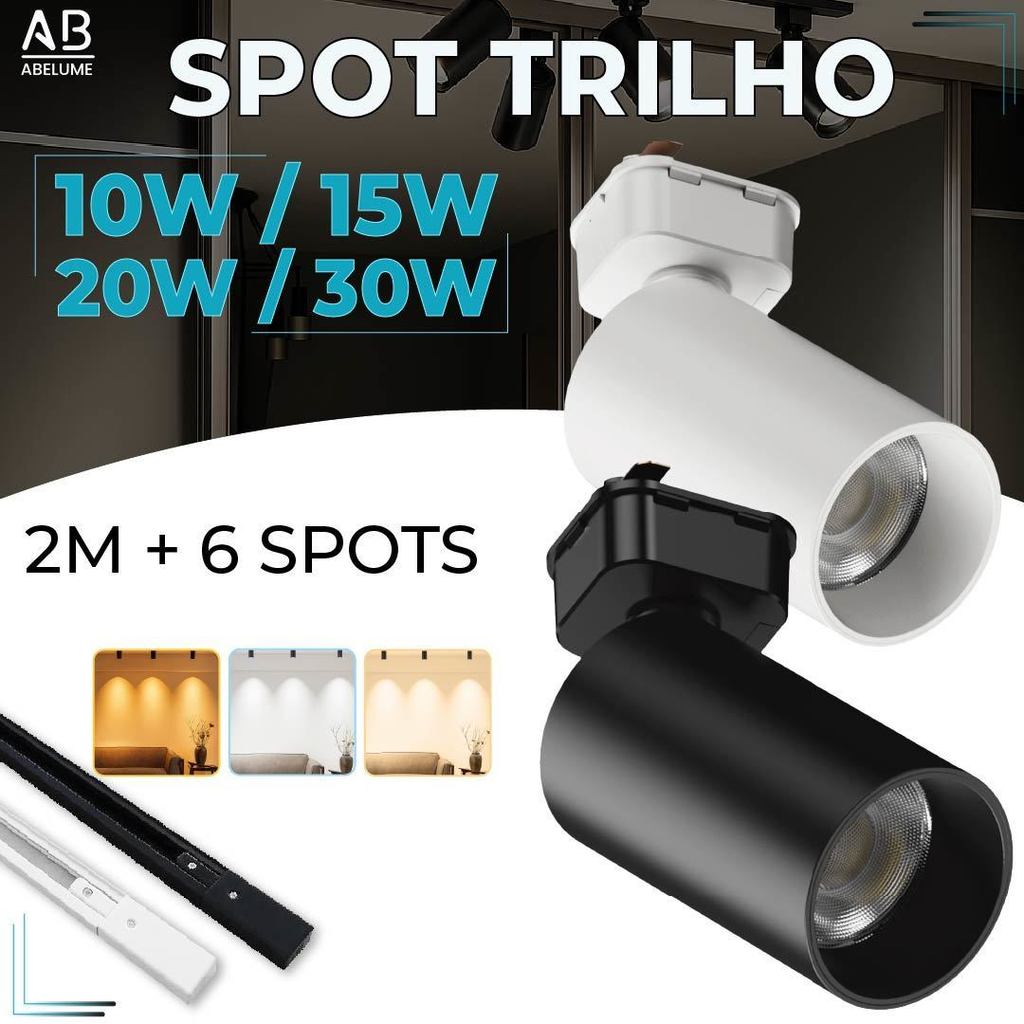 2M Trilho + 6 Spot LED 30W 20W 15W 10W Eletrificado + Trilho Tubinho Preto e Branco Bivolt em Oferta na Shopee