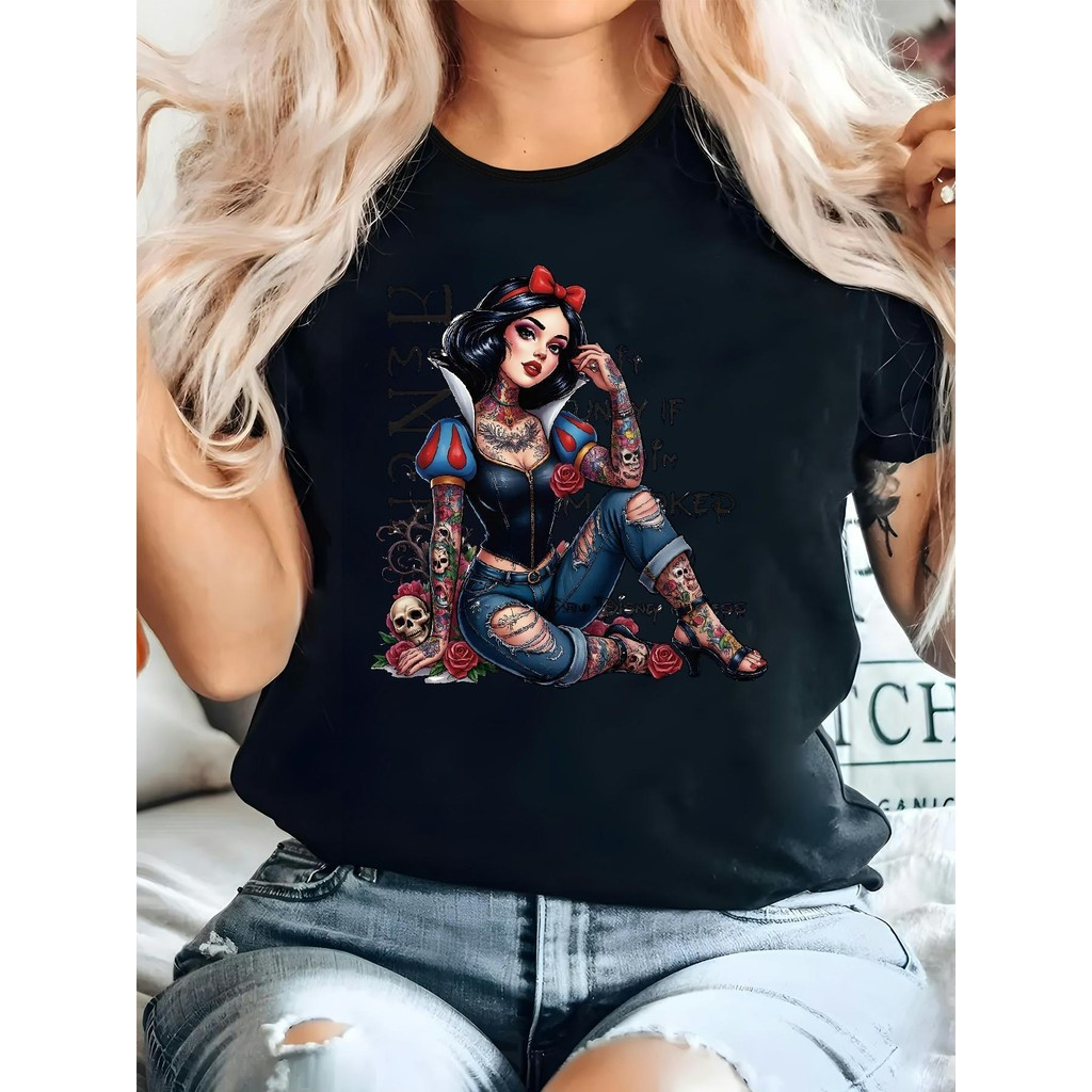[Camiseta Premium em Algodão Puro]SISI Camiseta Plus Size Esqueleto e Rosa, Gola Redonda Manga Curta Unissex Oversized