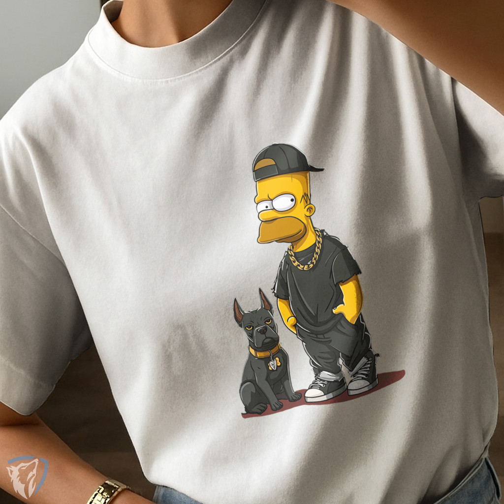 Camiseta Unissex Homer Cachorro Street Style | Estampa Urbana com Cão Doberman e Corrente Dourada