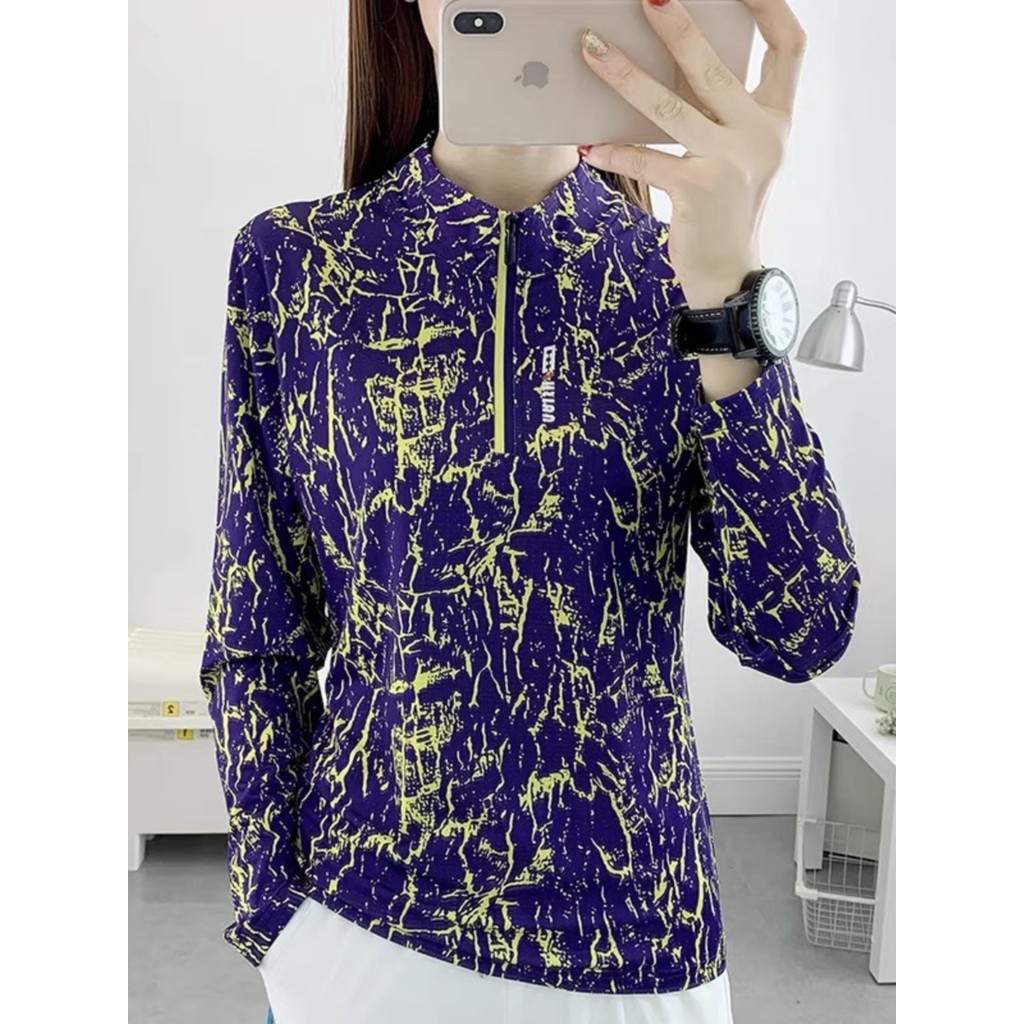 Camiseta esportiva estampada de secagem rápida feminina gola alta manga comprida corrida Fitness primavera outono montan