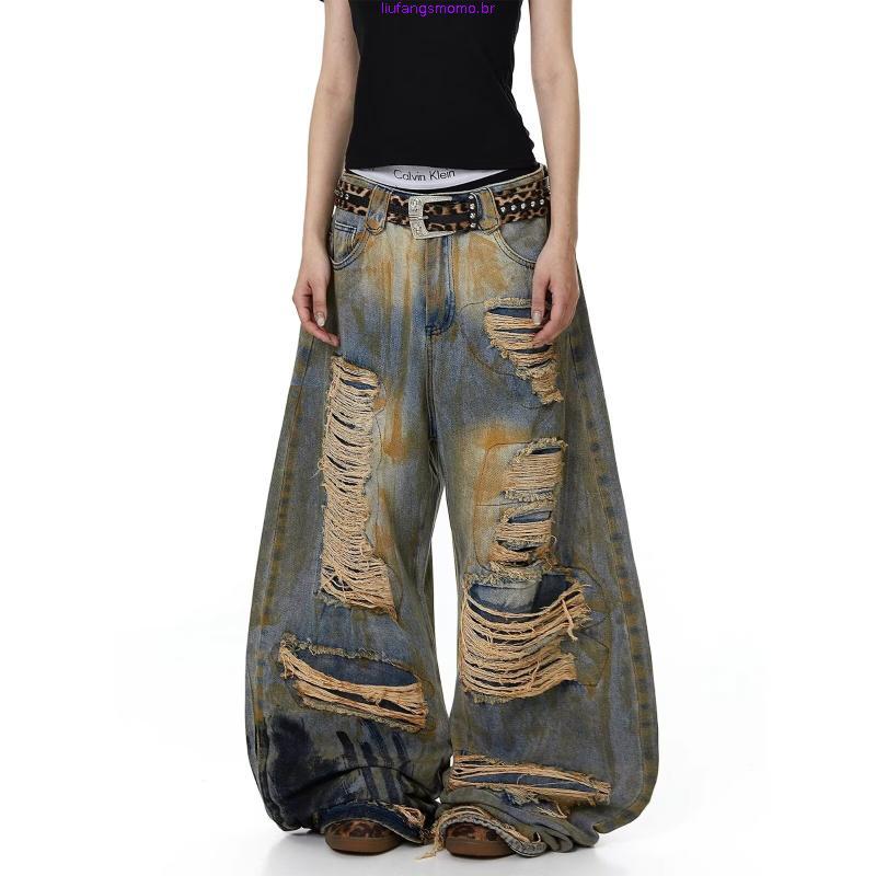 Calça Jeans rasgada americana High Street feminina retrô suja tingida calça larga