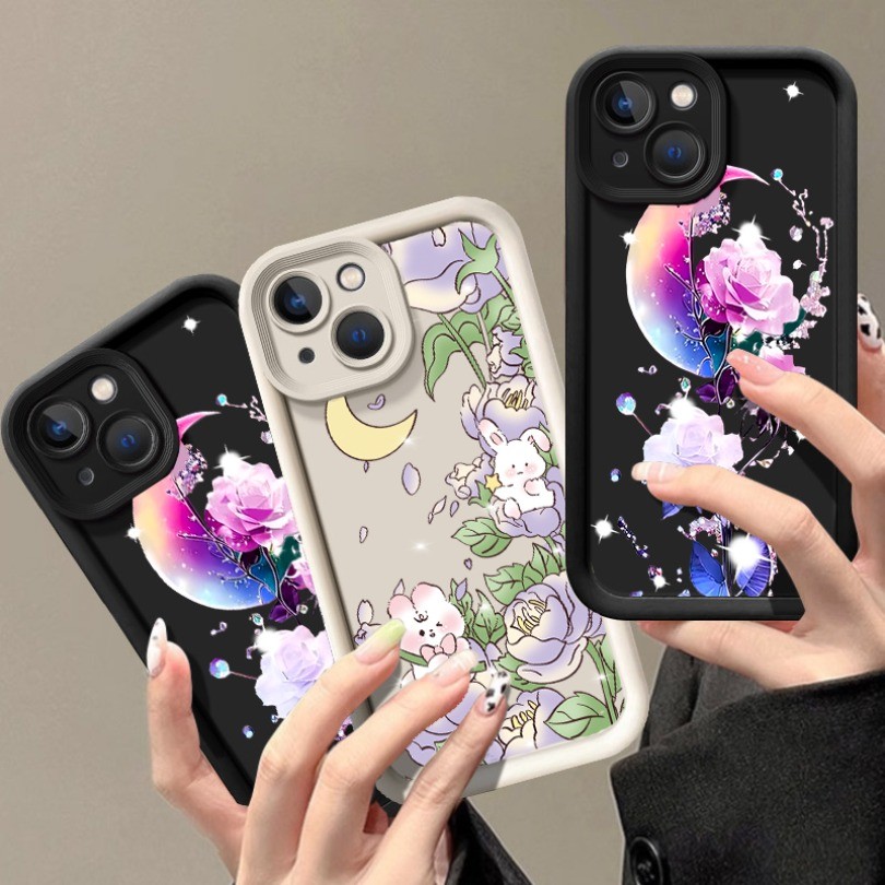 Lua Roxa Flores Coelhos Padrão Caso De Telefone Compatível Para Samsung A15 A21S A22 A23 A24 A25 A31 A32 A33 A34 Engraça