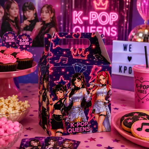 10 Caixas Maleta K-pop Guerreiras Lembrancinha Aniversário Infantil Menina Roxo Neon Decoração Festa