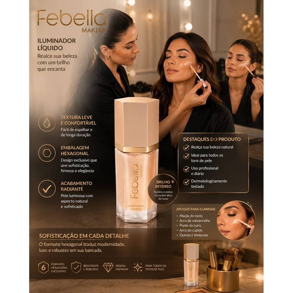Iluminador Febella Glow Líquido: Alta Pigmentação e Toque Natural Premium