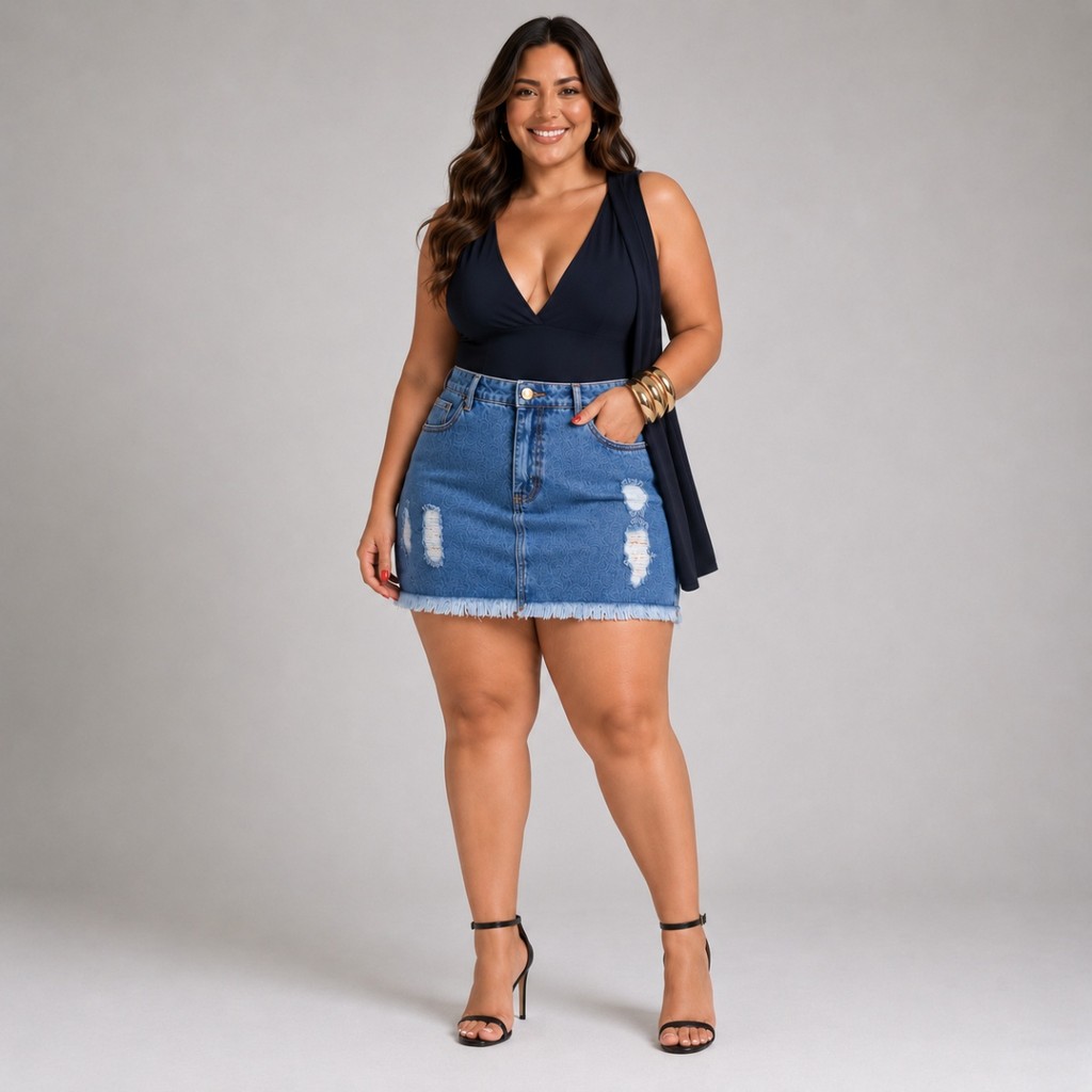 Saia Jeans Plus Size Barra Desfiada Cintura Alta Básica Moda