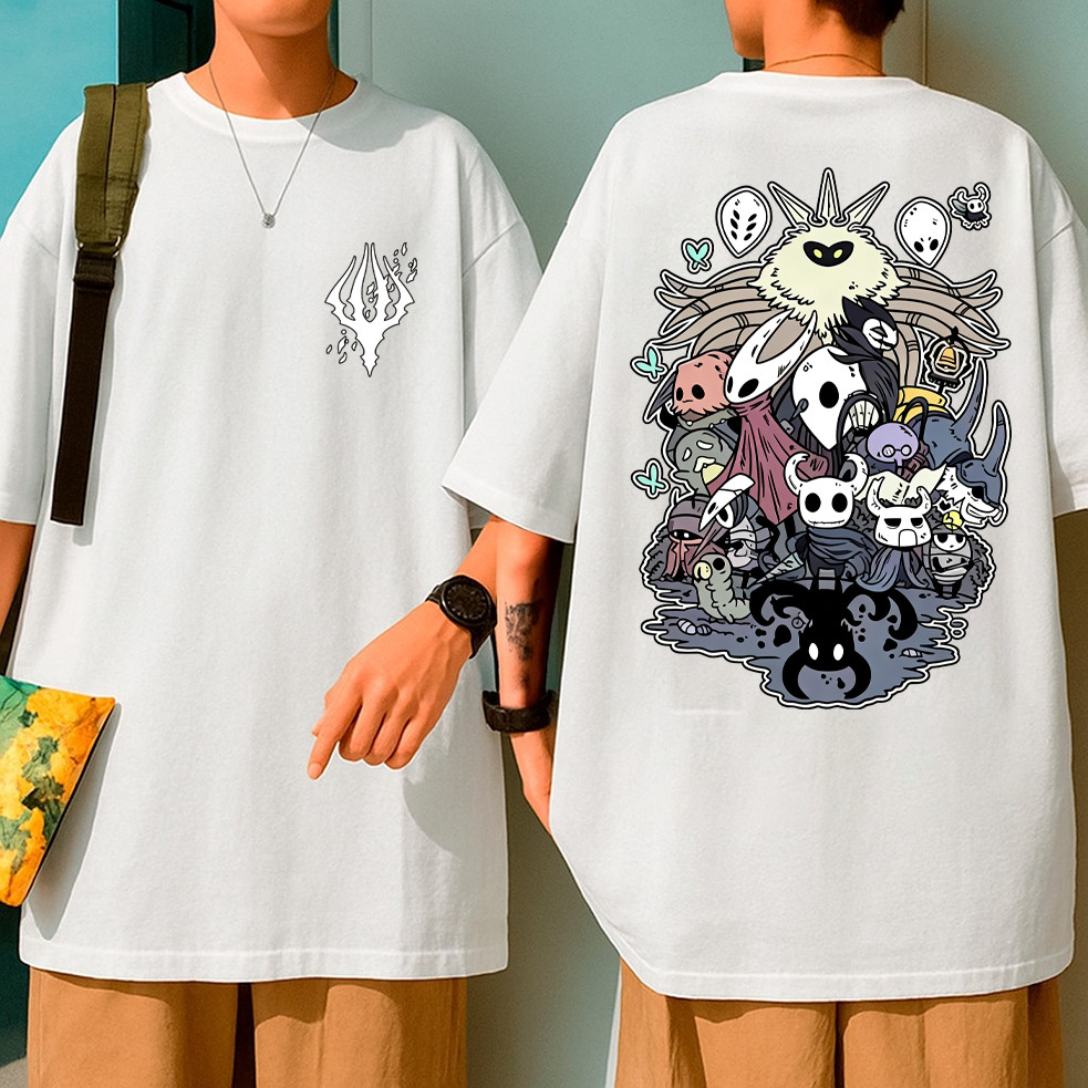 Camiseta Oversized Alta Qualidade Unisex Preta Estampa Dupla Hollow Knight Todos Personagens Coloridos