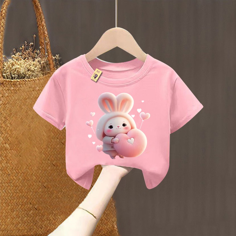 Crianças verão puro algodão de manga curta camiseta meninas bonito coelho verão estilo ocidental topos bebê menina All-M