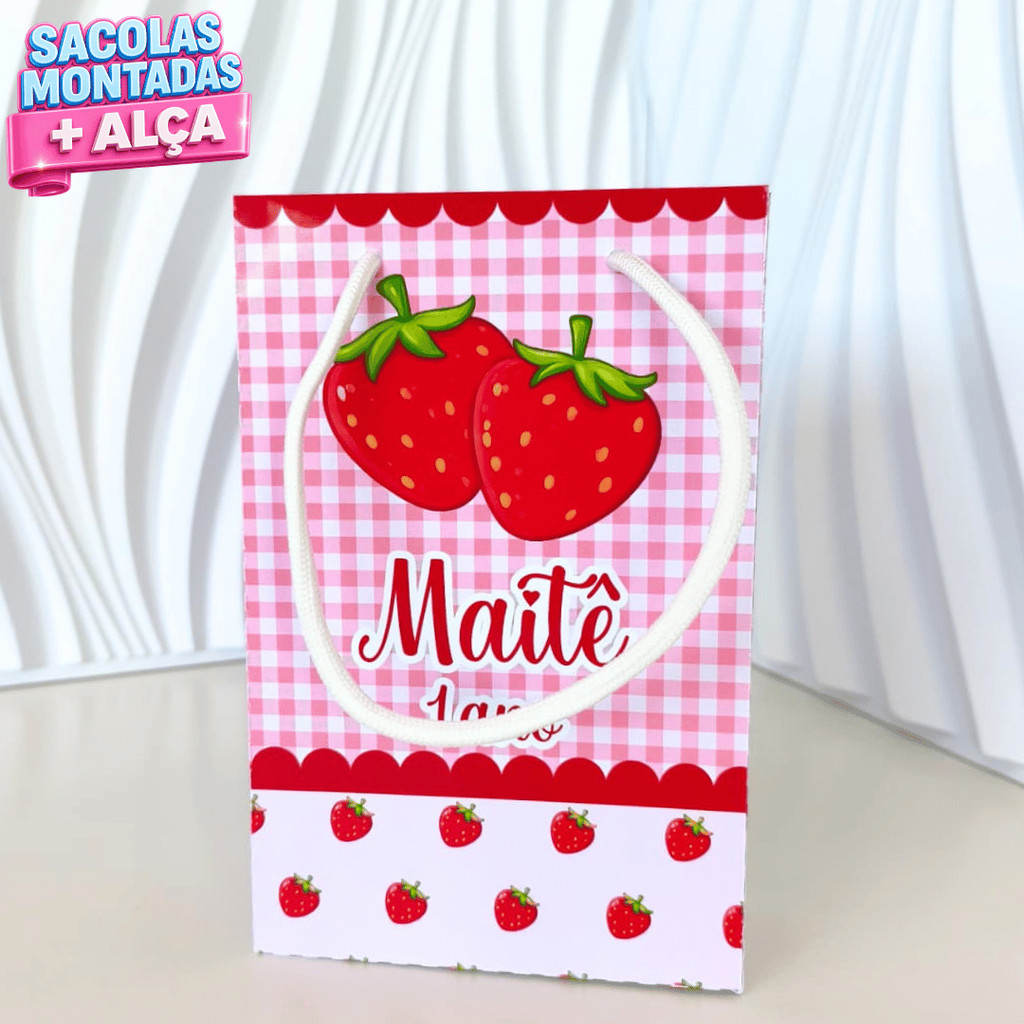 Sacolinha P Personalizada Morango | Moranguinho | Sacolinha Surpresa | Lembrancinha de Festa | Aniversário Infantil