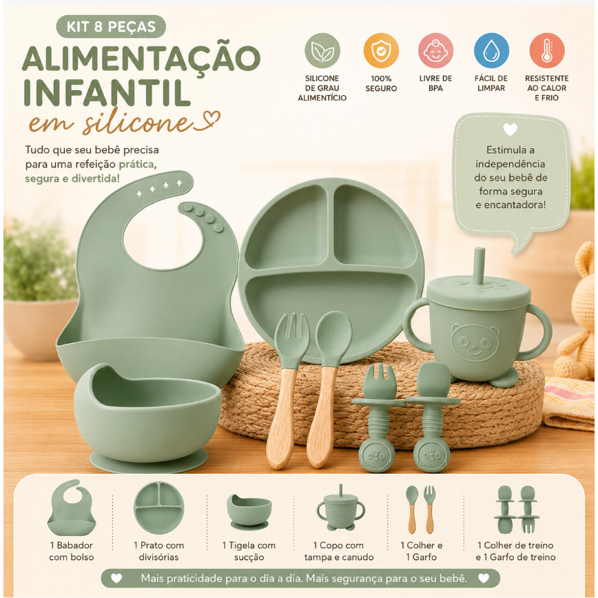 Kit Introdução Alimentar Bebê Silicone 8 Peças Prato Divisórias