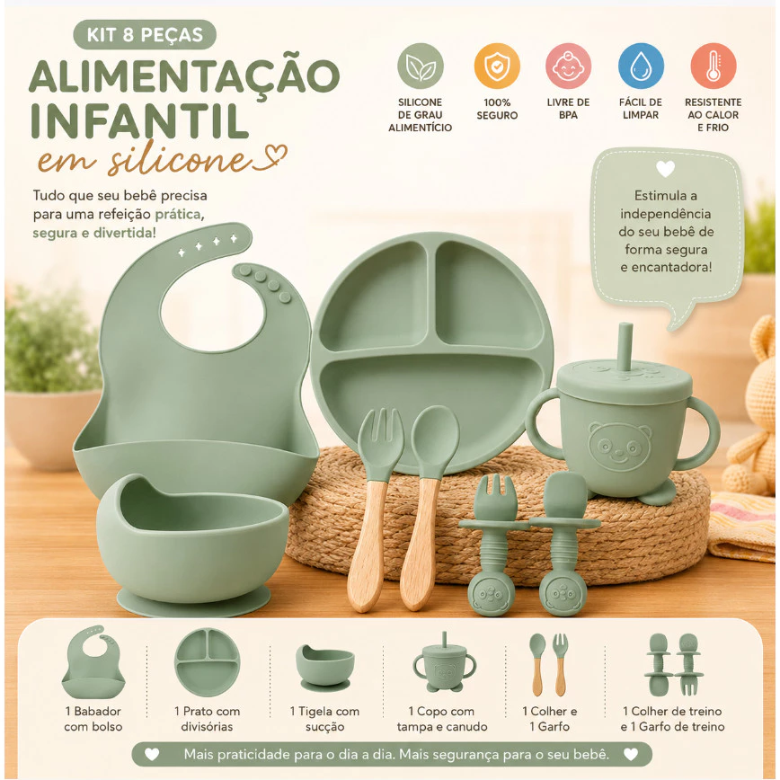 Kit Introdução Alimentar Bebê Silicone 8 Peças Prato Divisórias Babador Copo Tigela Talheres com Sucção