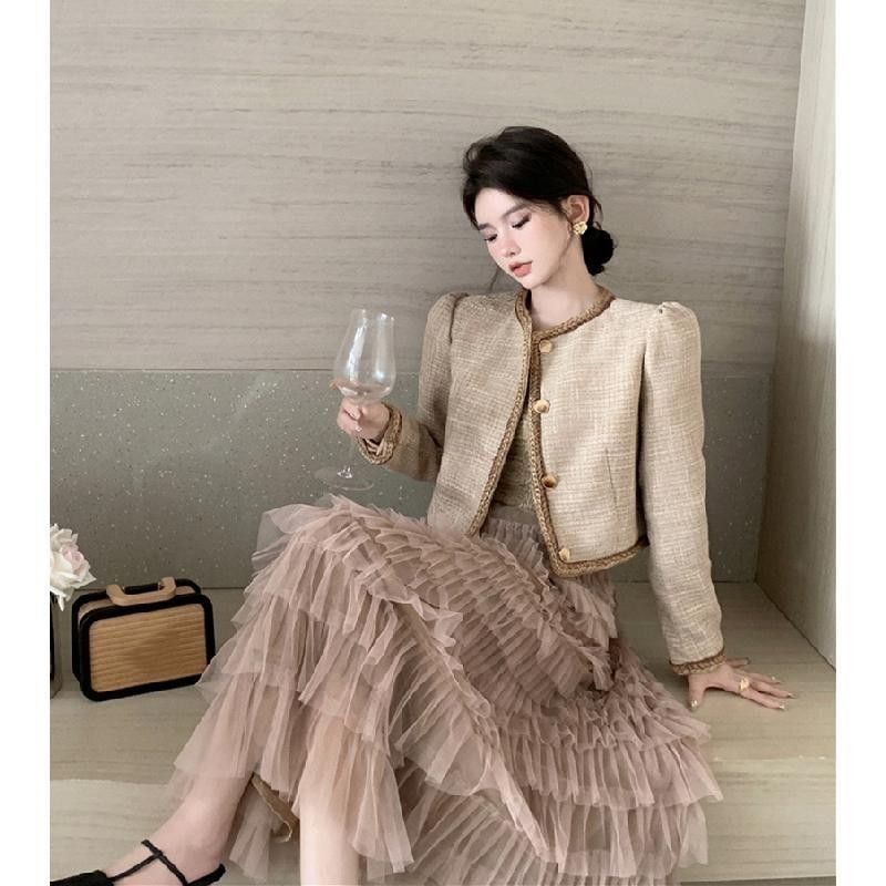 2022 outono inverno Retro cintura alta indústria pesada Melaleuca gaze bolo saia feminina mais magro olhar chique estilo