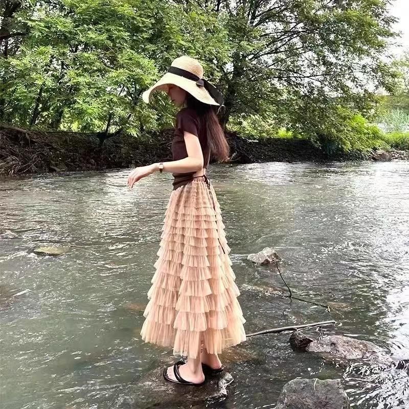Primavera verão atado manga curta topo temperamento fada malha bolo saia capa barriga saia de comprimento médio conjunto