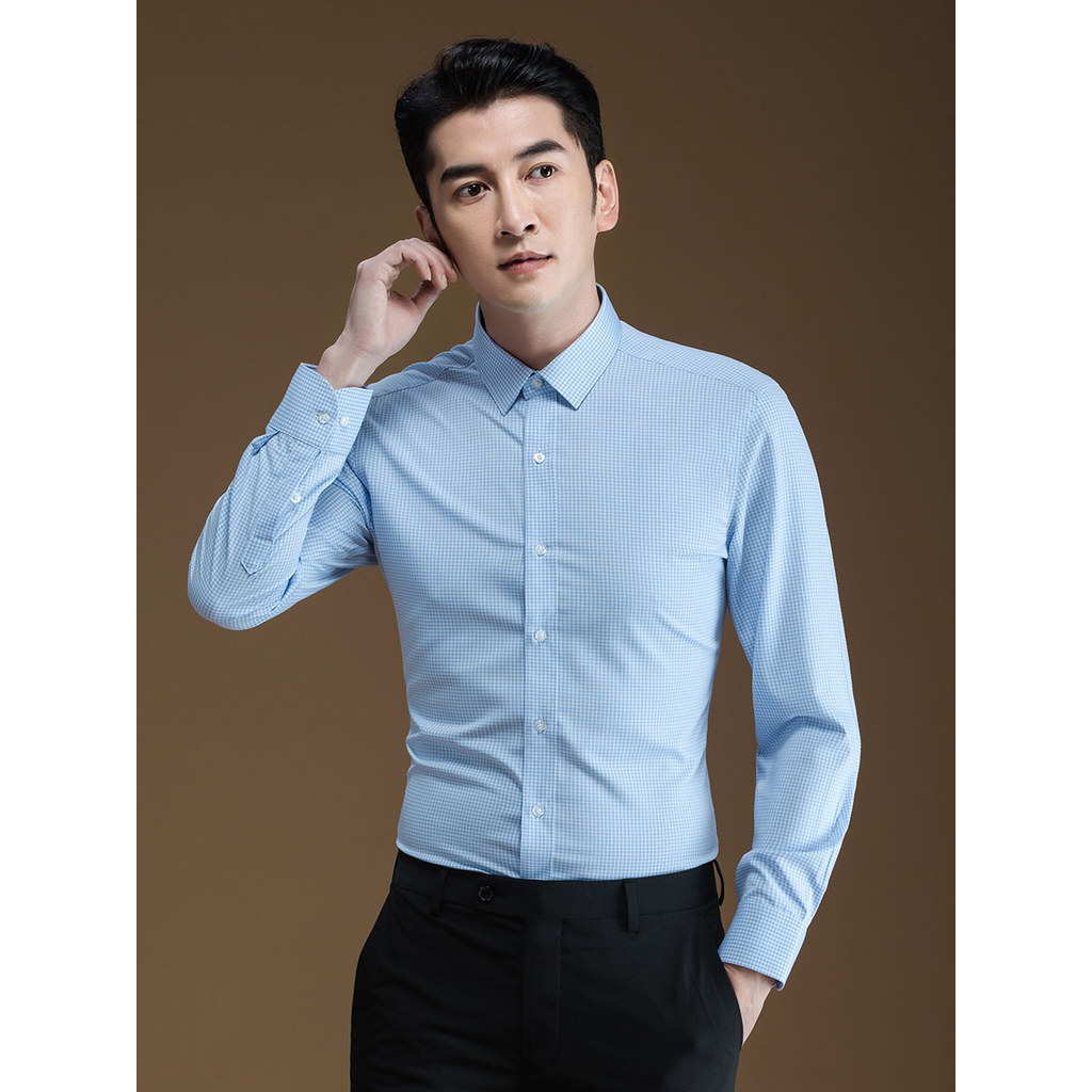 POWO camisa de manga comprida azul xadrez negócios profissional Formal Wear magro-ajuste camisa coreana masculina primav