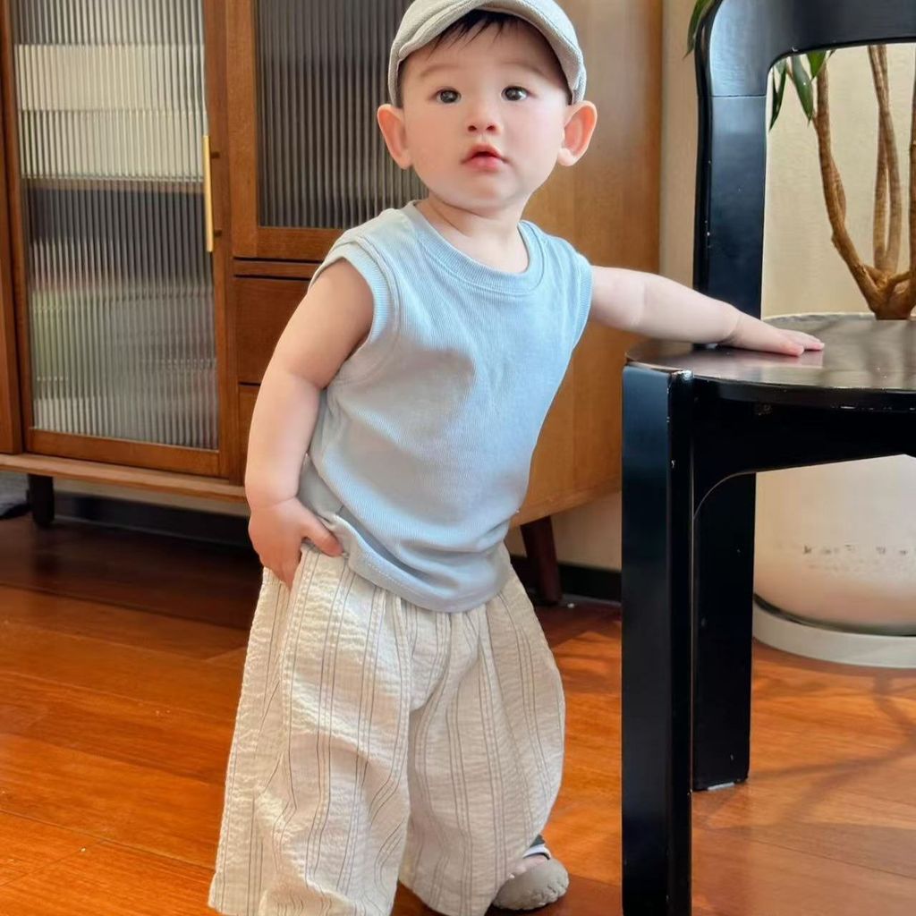 Conjunto de colete infantil verão estilo fino cor sólida colete masculino feminino bebê sem mangas camiseta listrado cal