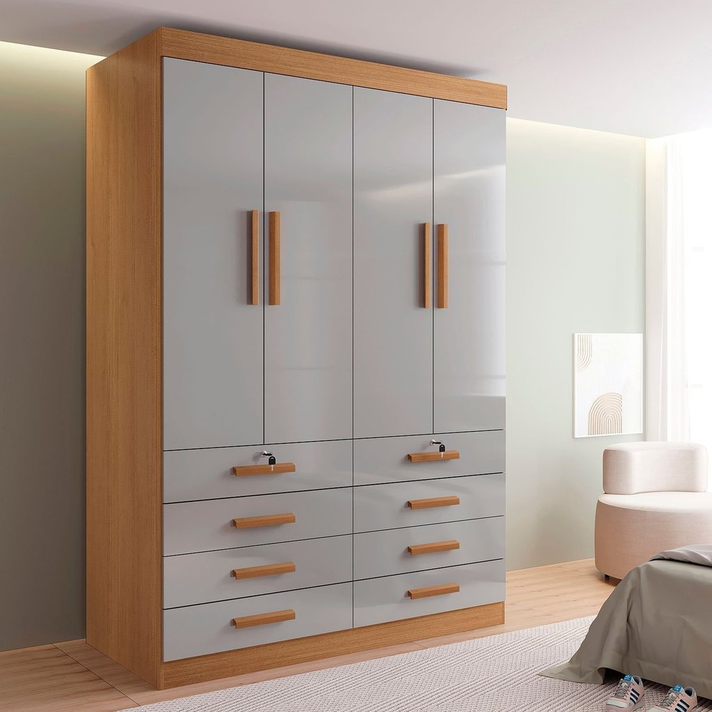 Guarda Roupa Solteiro MDF 4 Portas 8 Gavetas Marselha Plus Marrom/Cinamomo/Off White Cinamomo/Off White