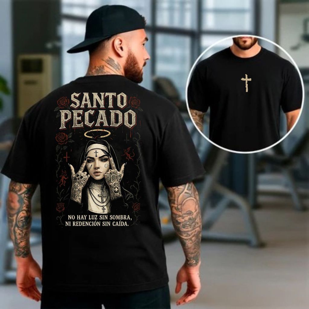 Camiseta masculina Oversized Estampa Santo Pecado para Academia Musculação camisa algodão Streetwear 100% Algodão