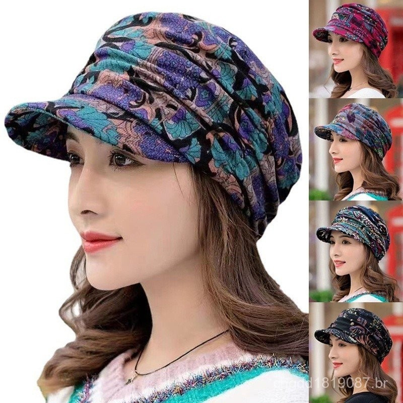Chapéu Feminino de Inverno e Outono com Aba Curta e Estampa Floral TOXJ