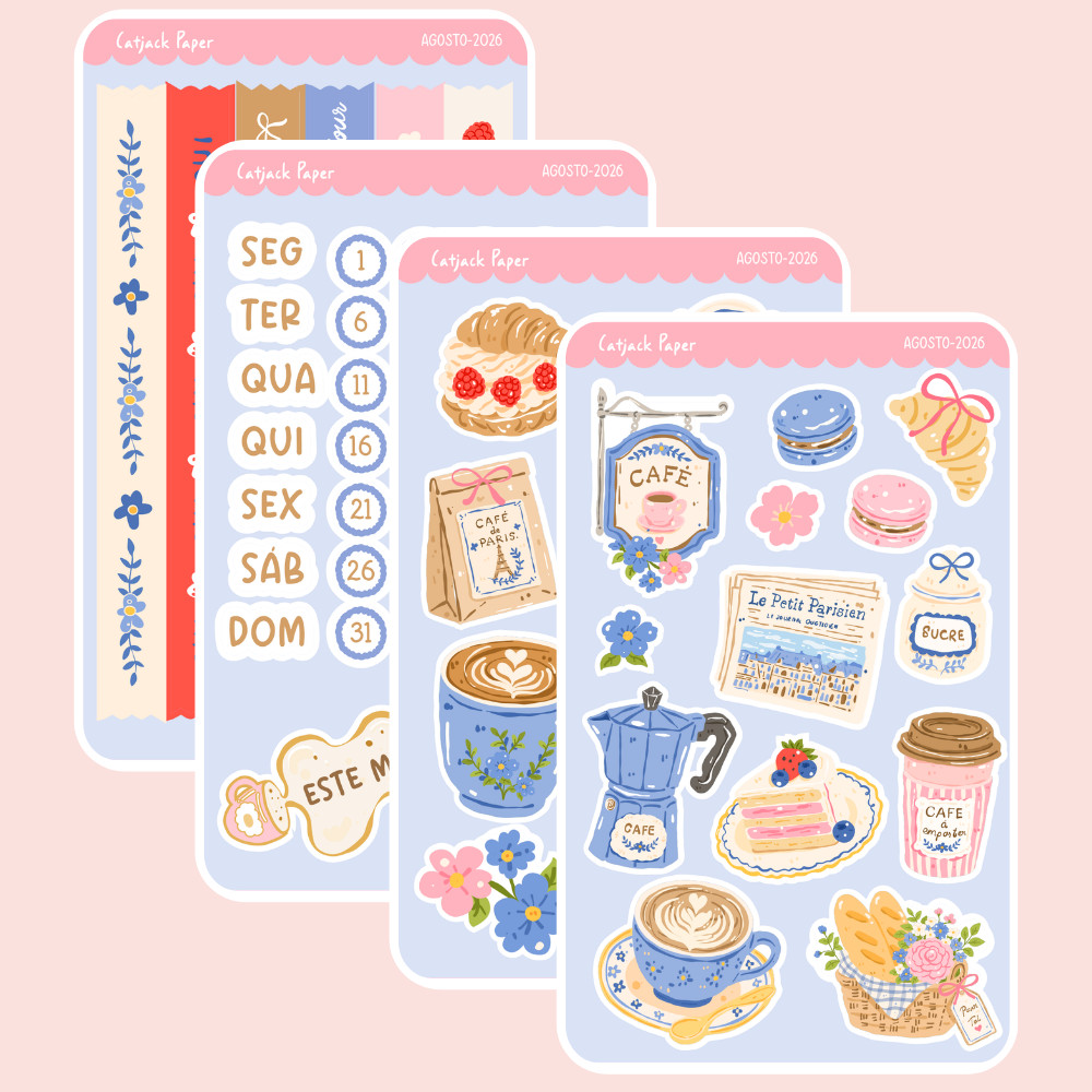 Kit de Adesivos Decorativos - Cafeteria Francesa - Agosto 2026 - Planners & Journals - 4 Cartelas