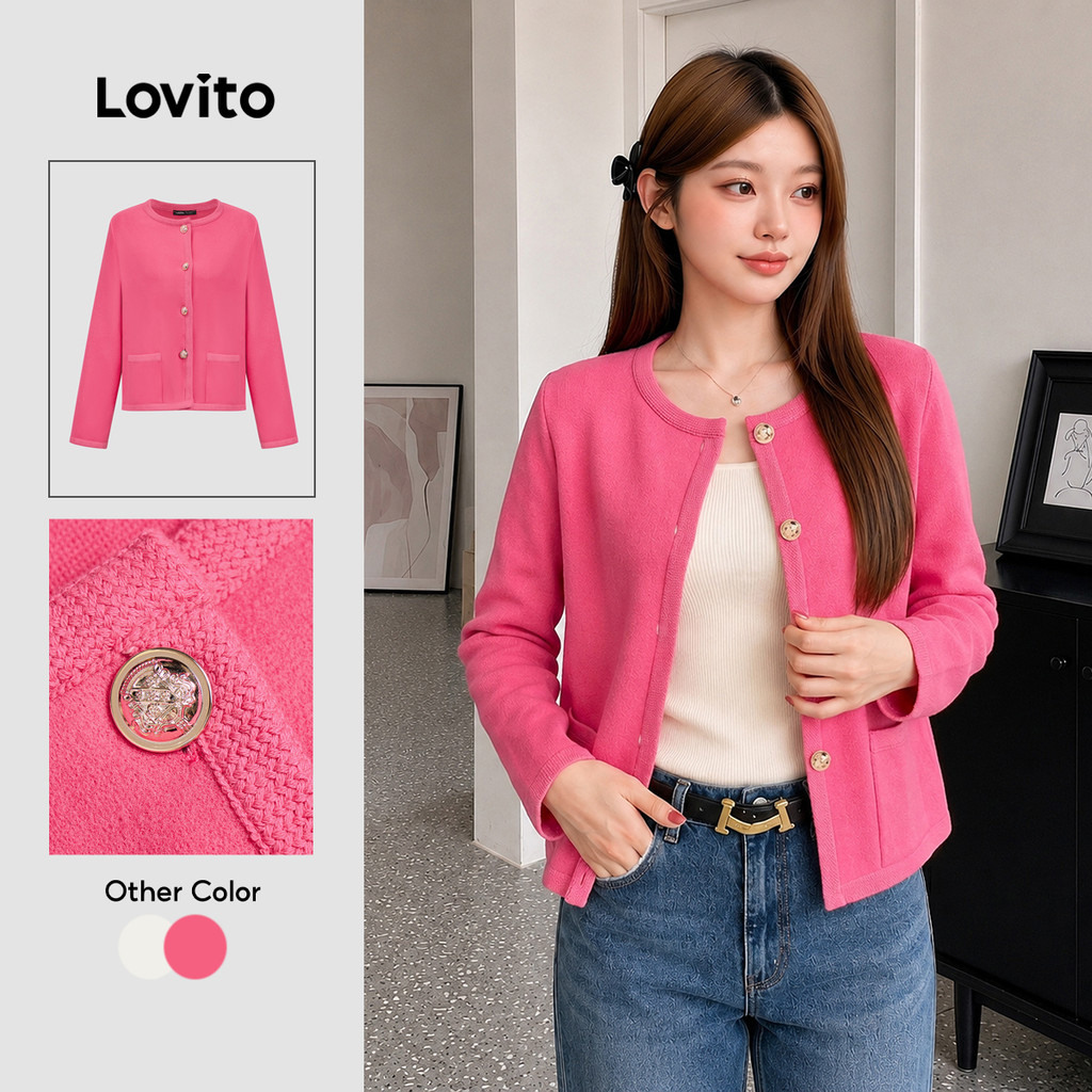 Lovito Elegante Cardigã Feminino Liso com Bolso e Botão Frontal LNA30039 (Multicolorido)