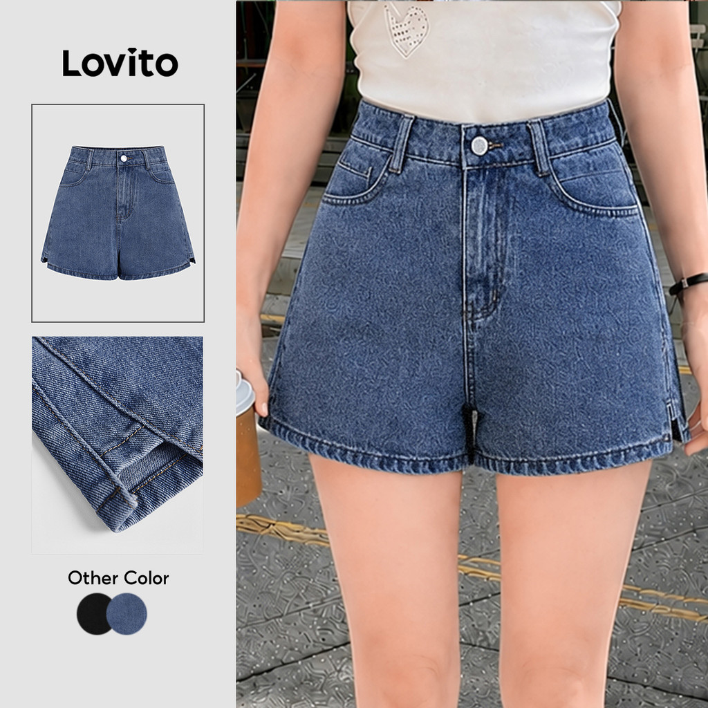 Lovito Casual Shorts Jeans Com Bolso Dividido E Liso Para Mulheres L68ed114 (multicolorido)