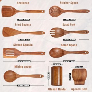 Conjunto de Utensílios de Cozinha Mooues de 9 Peças em Teca Natural com Descanso para Colheres - Colheres de Cozinha com
