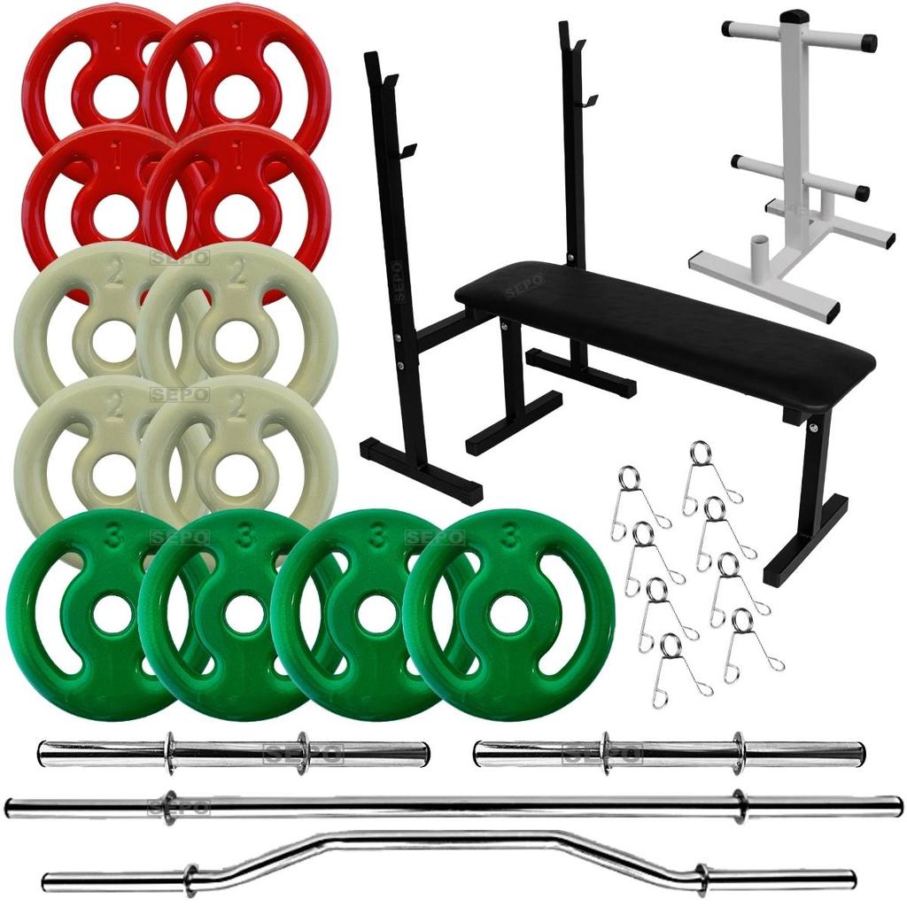 Kit 24Kg Anilhas Emborrachadas com Barras Ocas + Banco para Supino + Suporte 120Kg