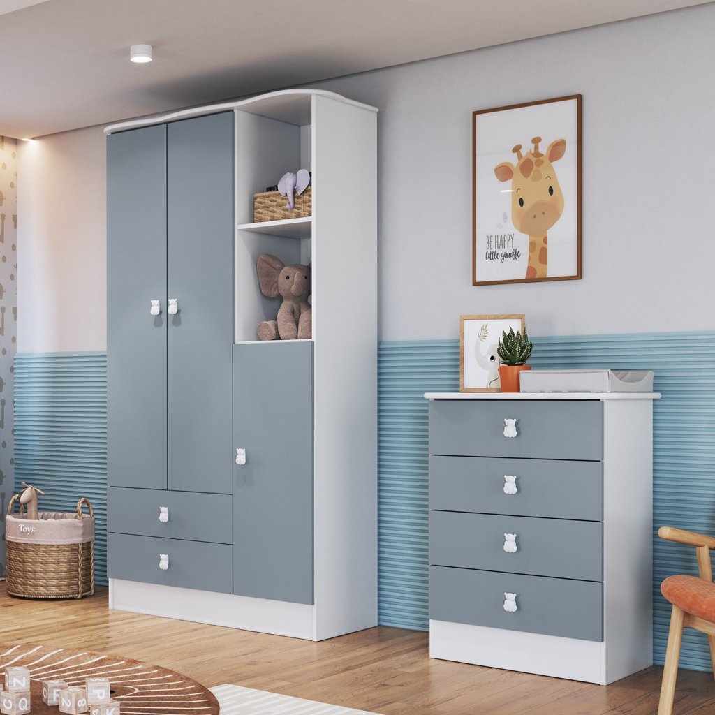Conjunto de Quarto de Bebê com Guarda-Roupa 3 Portas e Cômoda Azul Arco-Íris Espresso Móveis Branco Azul/Branco