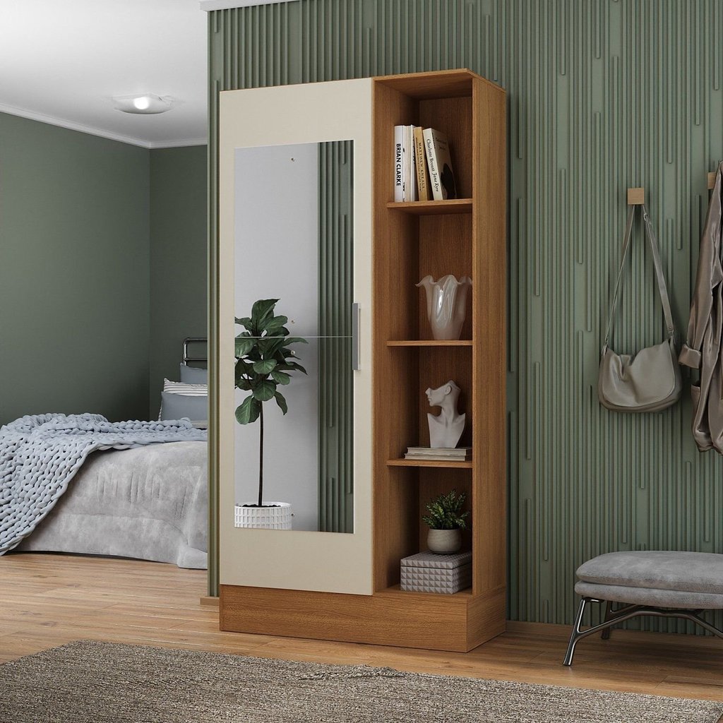 Sapateira para Quarto 1 Porta com Espelho Espresso Móveis Bege/Cinamomo/Off White Cinamomo/Off White
