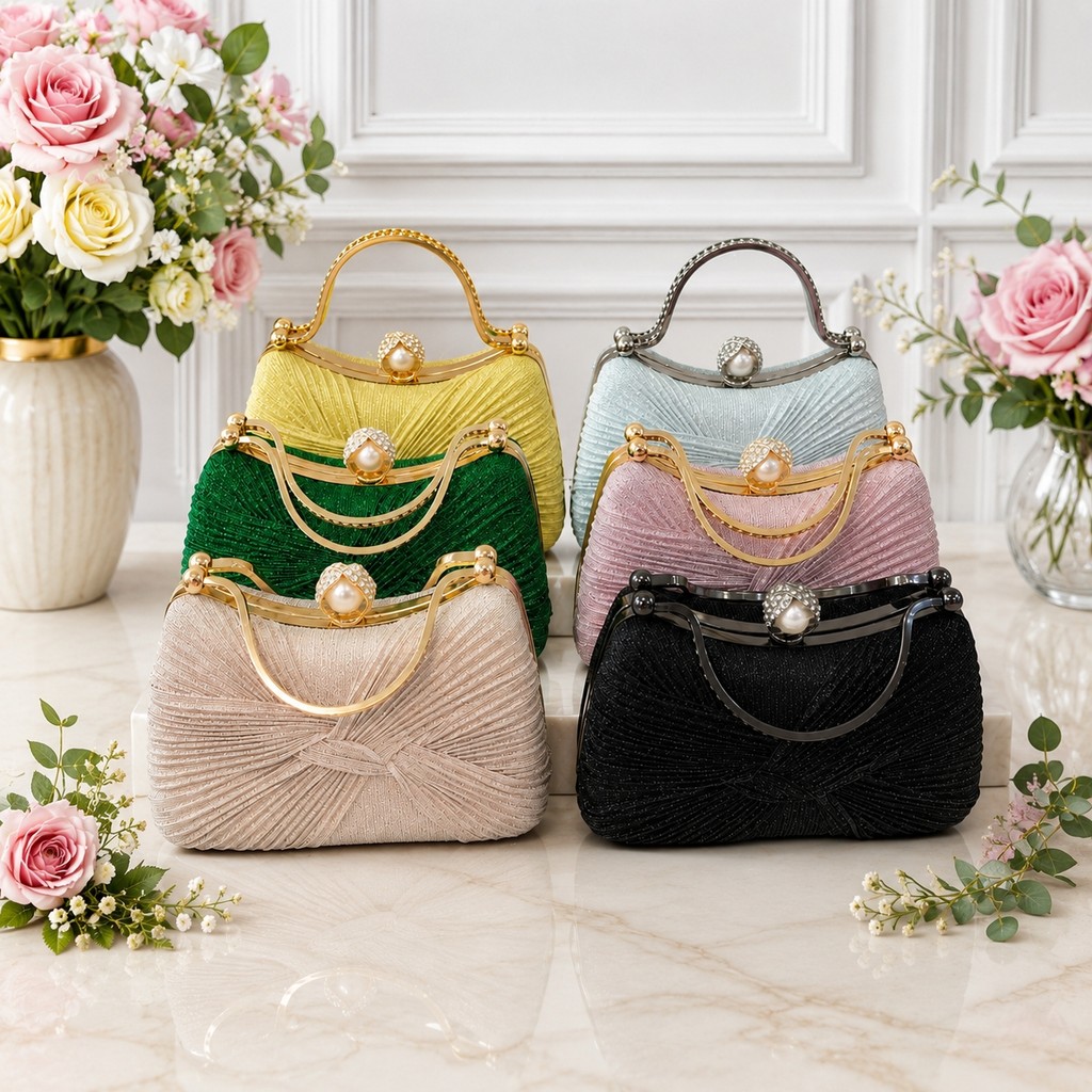 Bolsa Feminina Clutch de Festa Luxo com Alça de Mão Metálica, Fecho com Pérola e Strass para Casamento Formatura