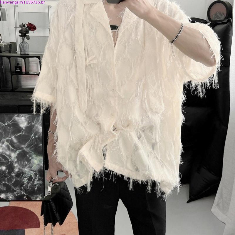 Csa masculina de manga curta com gola cubana americana, csa legal de seda gelada de verão solta na moda, Top de ca