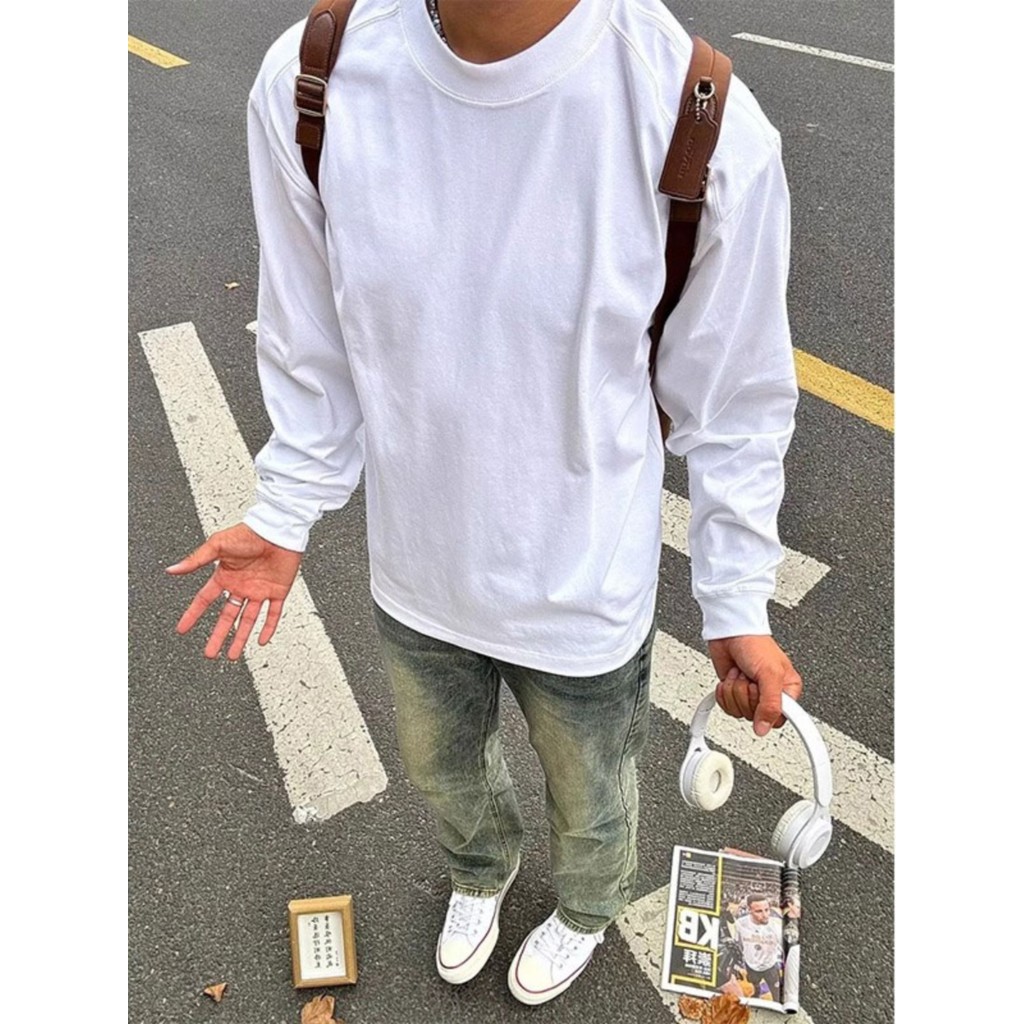 Básico branco puro algodão de manga comprida camiseta masculina primavera outono Xinjiang algodão de manga comprida em t