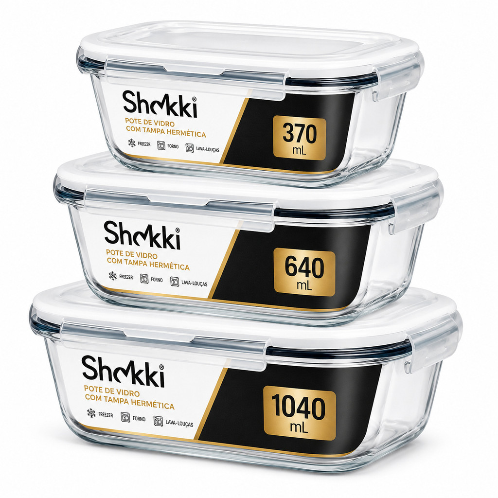 Conjunto de 3 Potes de Vidro Herméticos Com Tampa Para Freezer Micro ondas 370ml