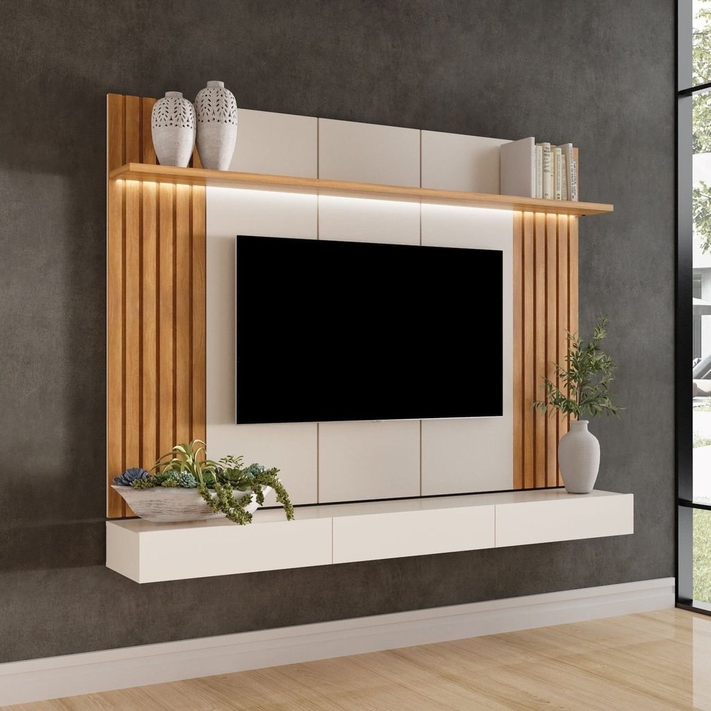 Painel para TV até 84 Polegadas com LED MDF 220CMX150CM Home Supreme Marrom Off White/Carvalho Ouro