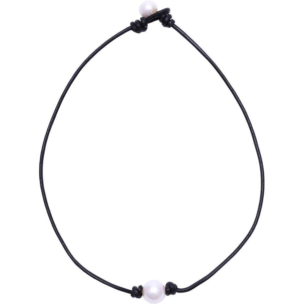 Colar Choker de Pérola de Água Doce Cultivada Feito à Mão Aobei para Mulheres, Joia de Couro Genuíno, Colar de Pérola Ba
