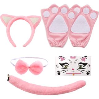 Avxdbr Conjunto de 5 Acessórios para Fantasia de Gato Rosa: Tiara com Orelhas de Gato, Luvas de Pata, Cauda, Gravata Bor