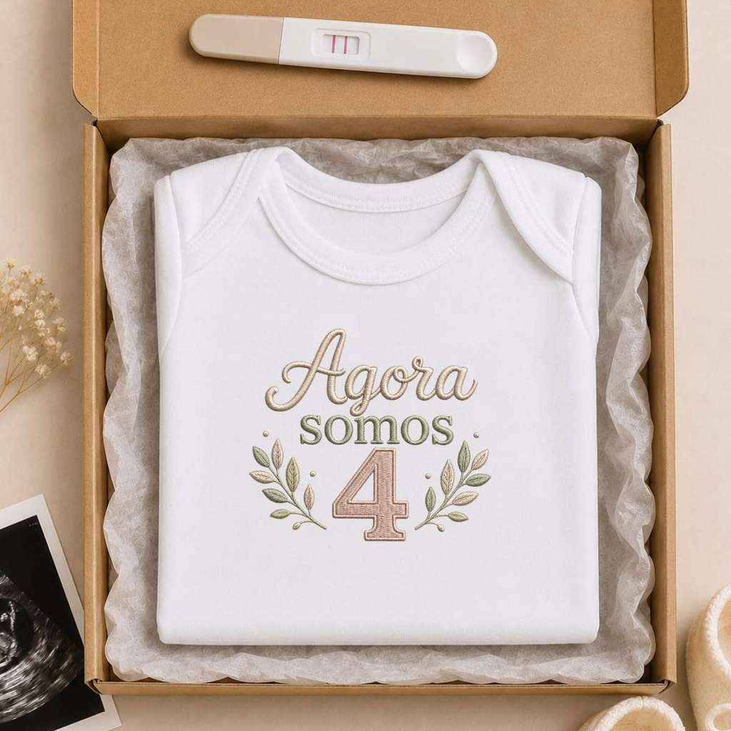 Body revelação gravidez estampa efeito bordado Agora somos 4 - 2026-262-BC