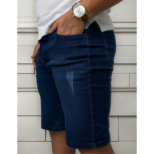 Bermuda Masculina Jeans Azul Com Puído E Elastano Estica