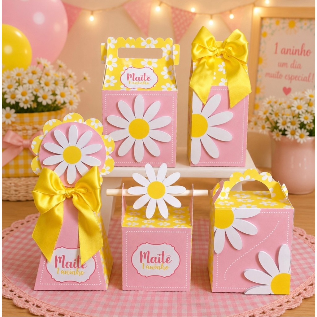 Kit Lembrancinhas Personalizadas Margarida Pegue e Monte Caixinhas de Festa Aniversário Infantil Menina Rosa e Amarelo