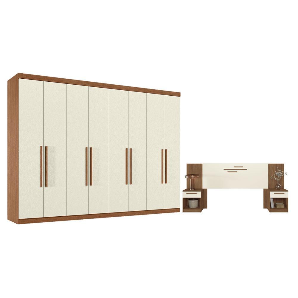 Guarda Roupa Casal 8 portas 4 gavetas Master New e Cabeceira Casal Loanda com gavetas Jatobá Areia - Santos Andirá