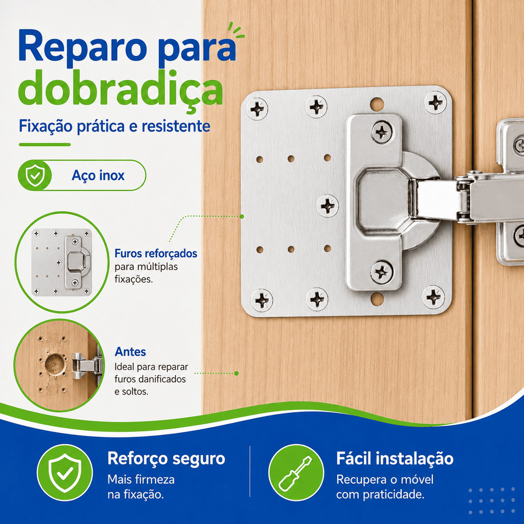 Placas Reparo Para Consertar Dobradiça Armário MDF Porta Guarda Roupa Conserto