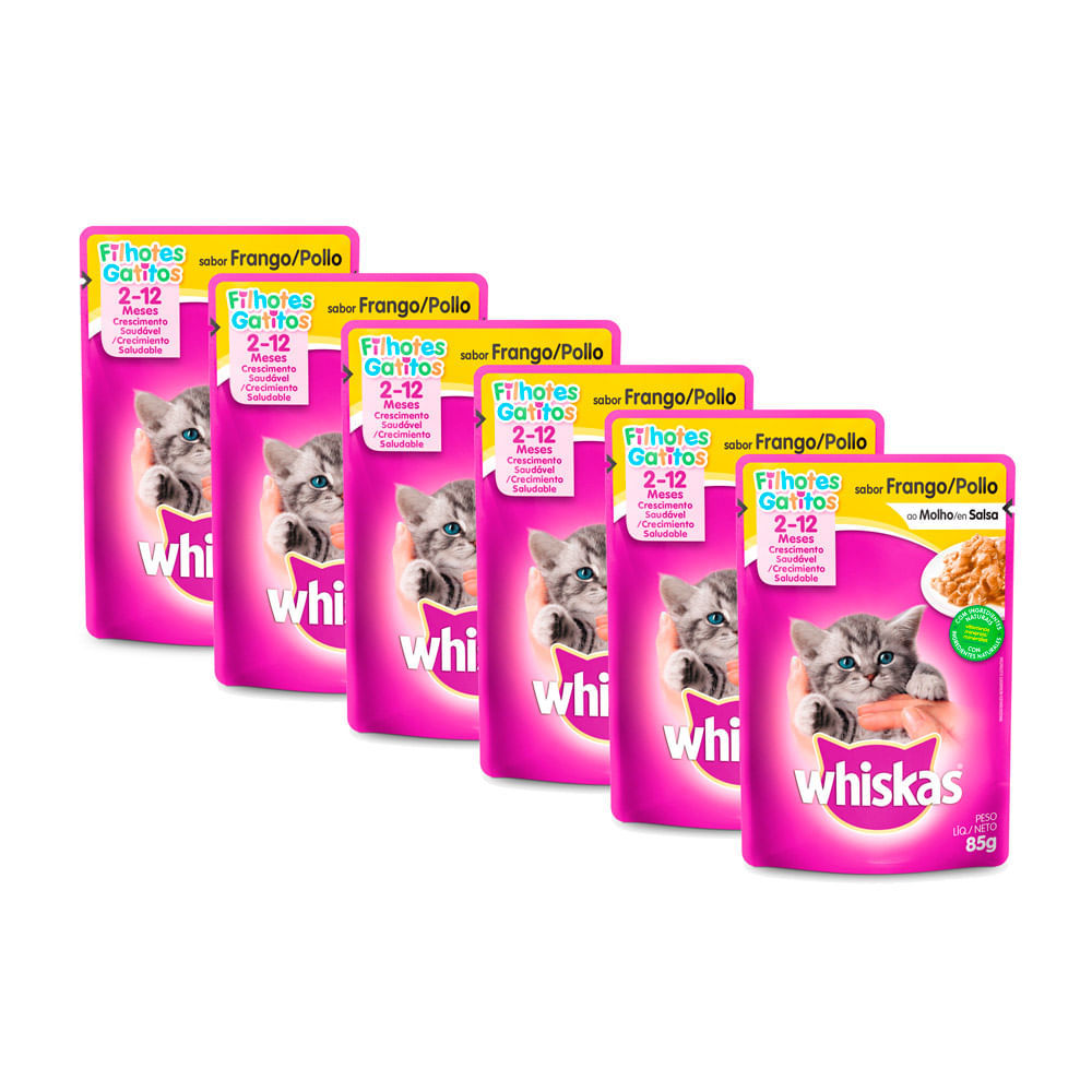 Kit 6 Ração para Gatos Whiskas Filhotes 2 a 12 Meses Sabor Frango ao Molho Sachê 85g