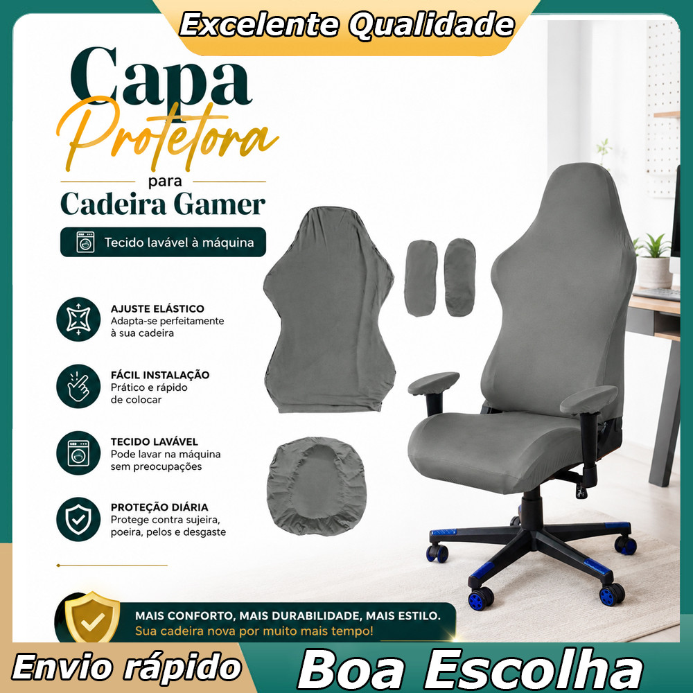 Capa Cinza para Cadeira Gamer, Uso em Escritório, Sala de Jogos e Quarto, Protege contra Derramamento, Pelos e Garras