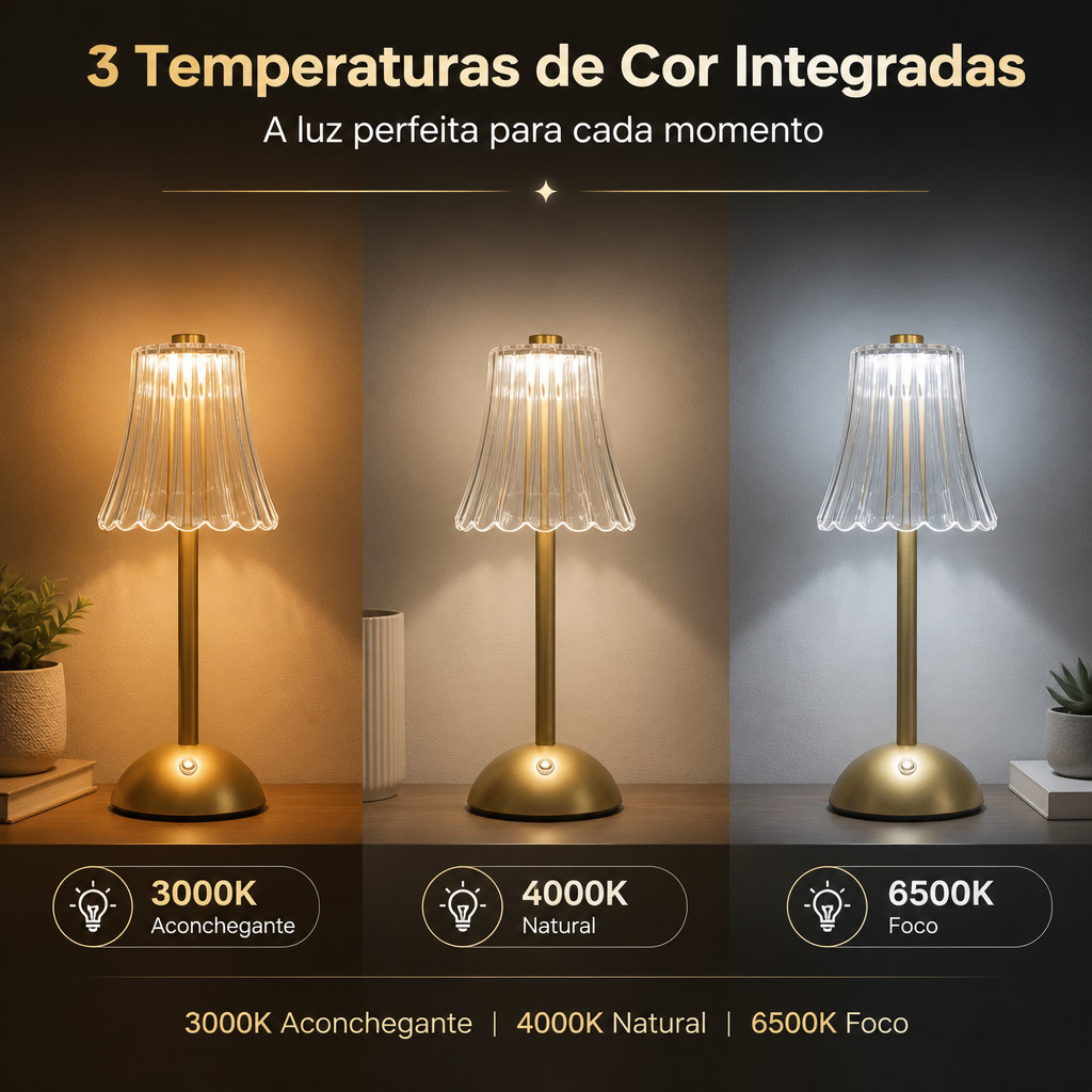 Luminária de Mesa Abajur de Acrílico com LED 3 Cores e Base Usb Dourada — foto 4