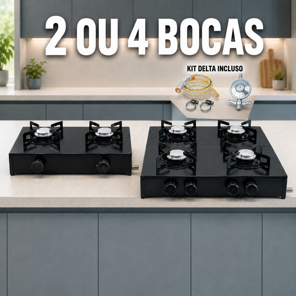 Fogão Portátil a Gás Cooktop GLP 2 ou 4 Bocas Compacto com Grelha Removível para Botijão Com ou Sem Kit Completo