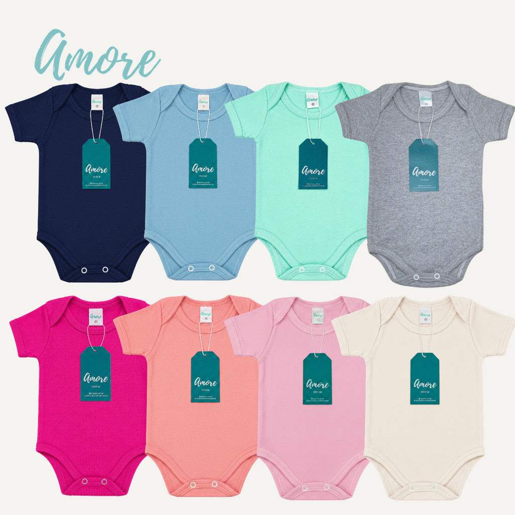 Kit 4 Body Bebê Manga Curta Amore Liso Sortido 100% Algodão