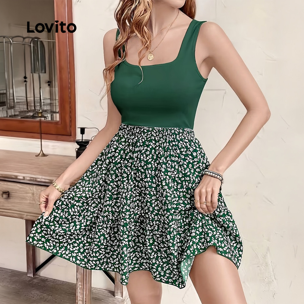 Lovito Vestido Boho Falso 2 em 1 com Barra em Babado para Primavera/verão Verde para mulheres DRK8P1D837 · foto 2