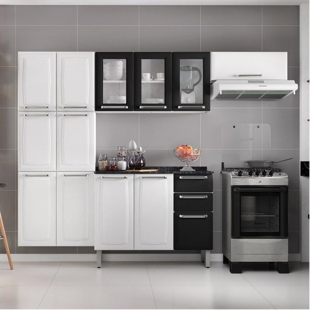 Cozinha Completa Modulada 4 Peças 13 Portas 2 Gavetas Luce Itatiaia Branco/Preto Branco/Preto