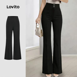 Lovito Calça Casual com Zíper Preta Primavera/verão para mulheres L195ED117