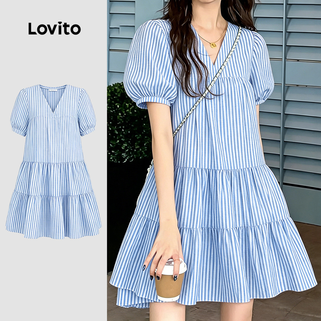 (New Arrival) Lovito Padrão de Vestido Casual Babado Vestido de Primavera/verão 